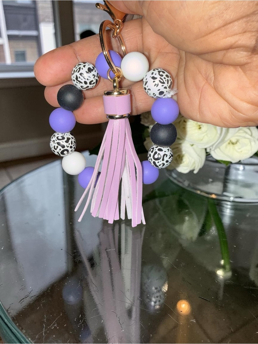 Purple Leopard Print Tassel Beaded Tassel Bag Charm or Keyring Wristlet - Picture 2 of 4